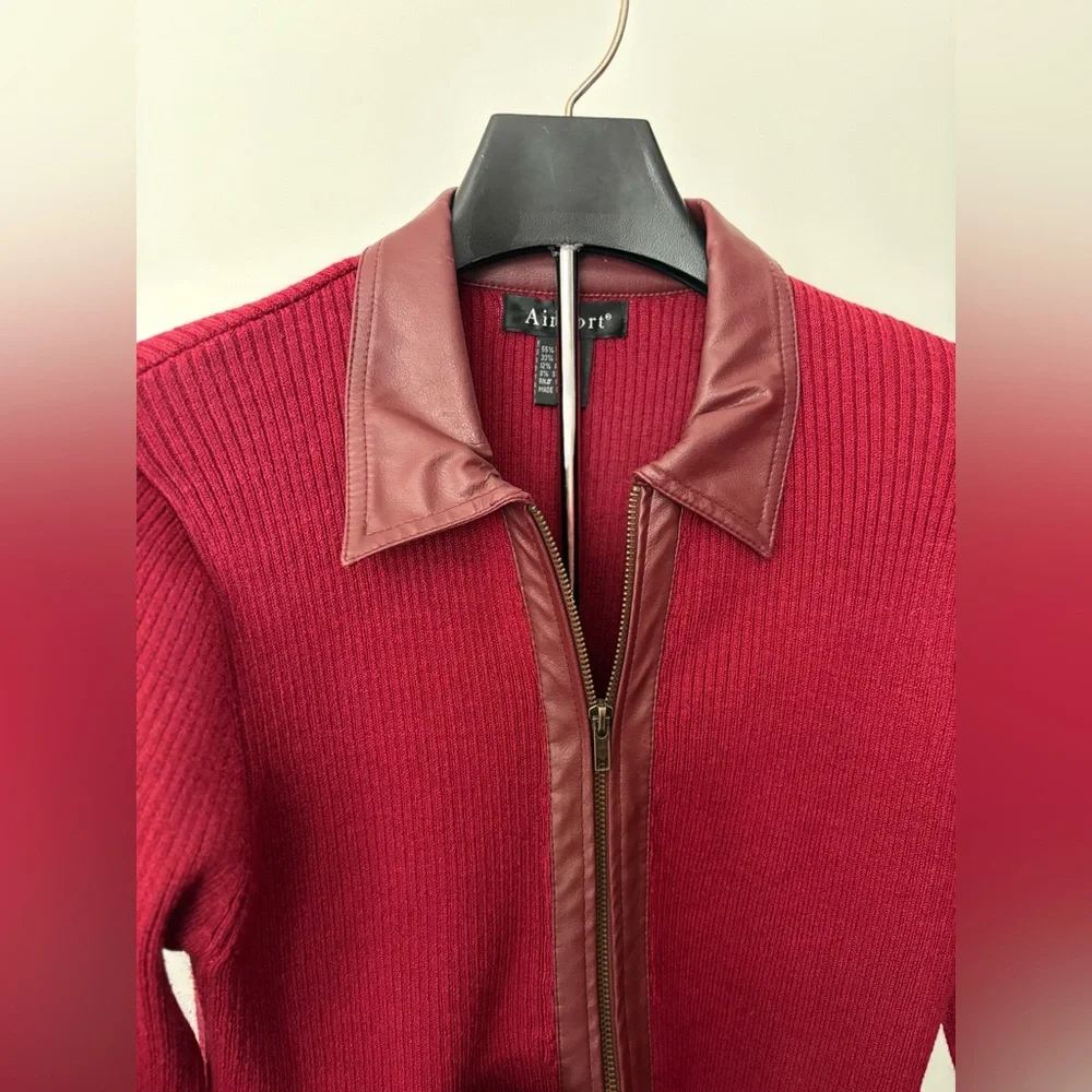 Vintage Burgundy Zip Sweater Jacket. Ribbed Knit with faux Leather Trim. Sz L - Picture 3 of 5